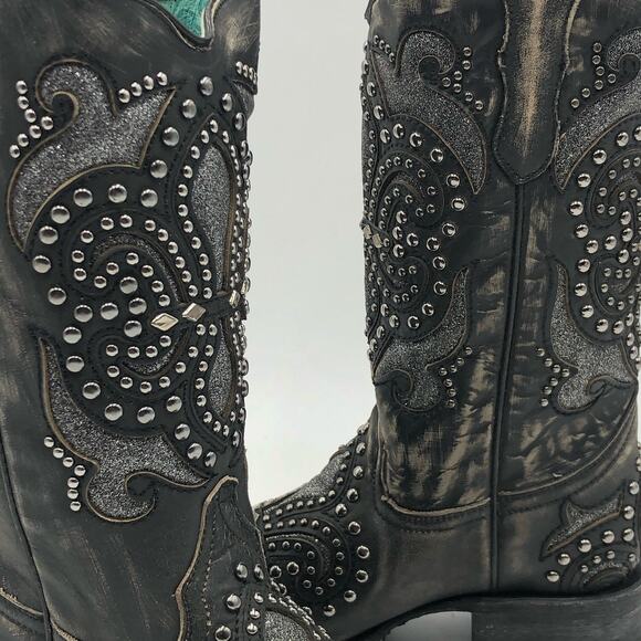 Corral Womens Inlay & Embroidery & Studs Square Toe Black Size 7 M - Picture 12 of 14